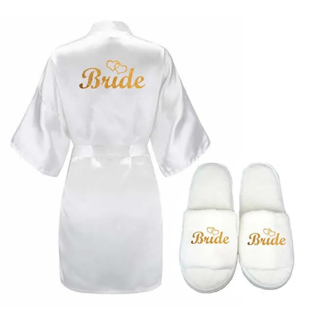 3pc set of glitter gold bride satin short bride robe slippers bridal sash