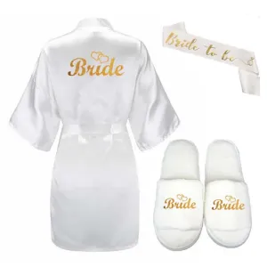 3pc set of glitter gold bride satin short bride robe slippers bridal sash