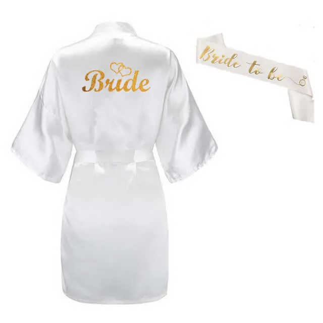 3pc set of glitter gold bride satin short bride robe slippers bridal sash
