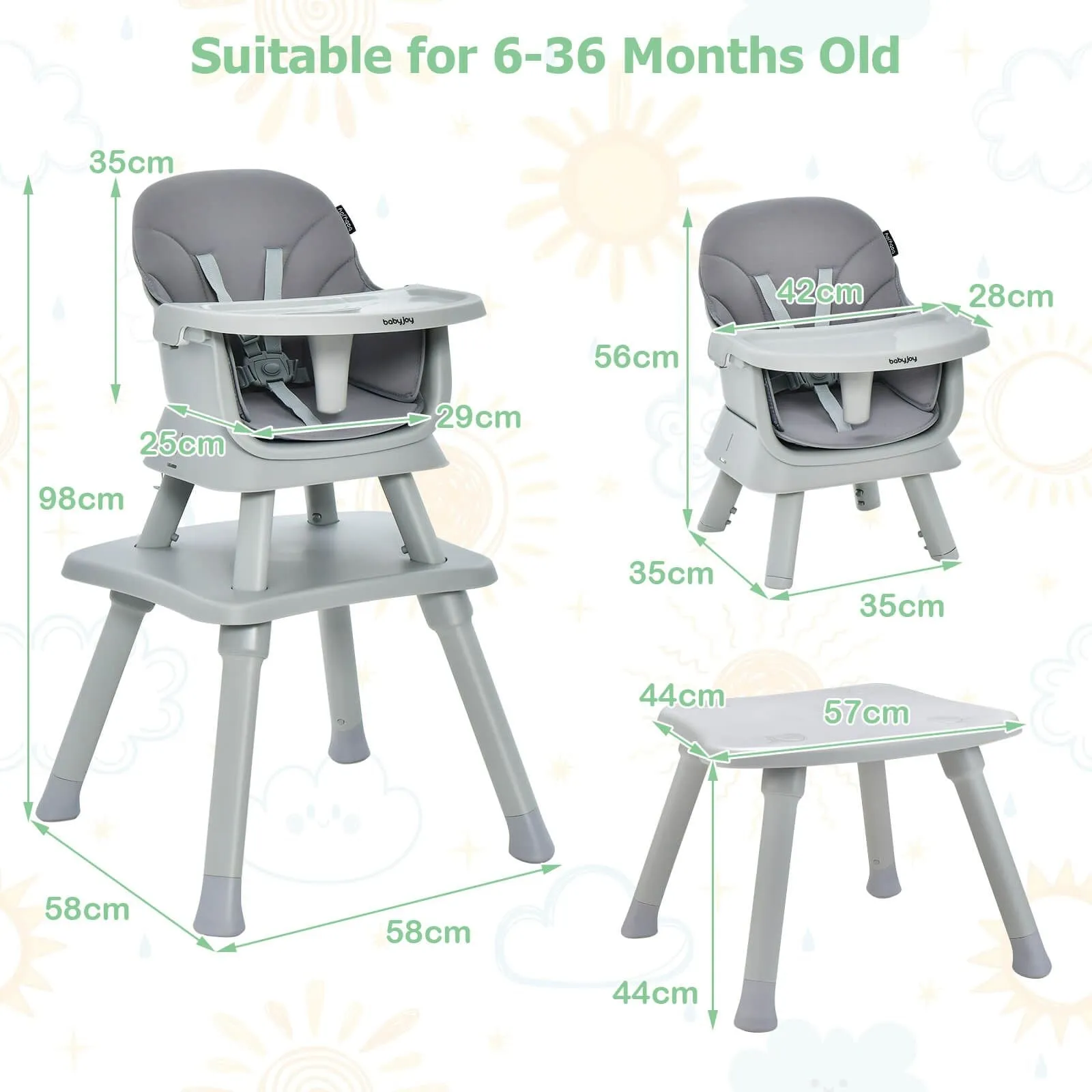 6-in-1 Grow-with-me Baby High Chair | 5-Point Harness | Booster Seat | Table & Chair Set | Grey
