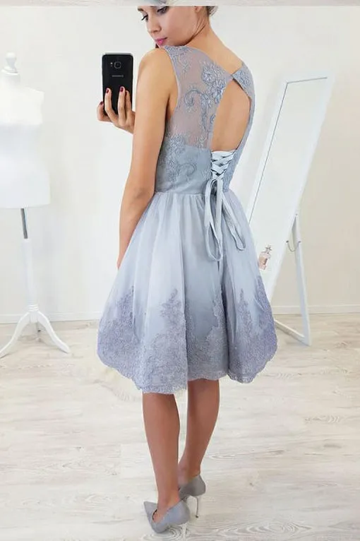 A-Line Round Neck Open Back Short Blue Homecoming Dresses with Lace Appliques OKB82