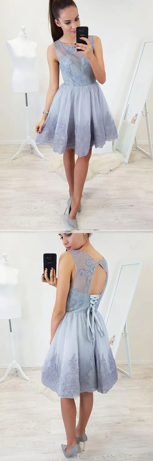 A-Line Round Neck Open Back Short Blue Homecoming Dresses with Lace Appliques OKB82