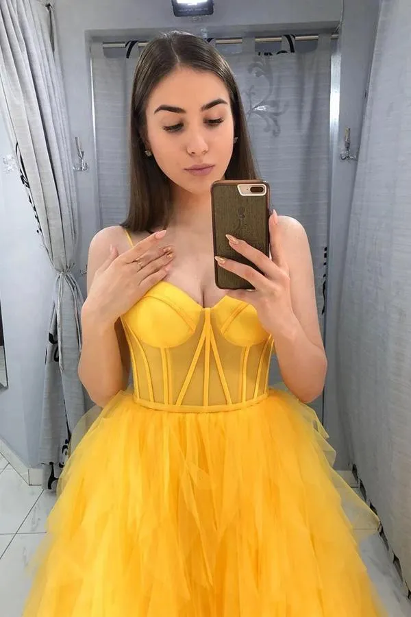 A-line Yellow Tulle Prom Dress Sleeveless Evening Gown TP0985