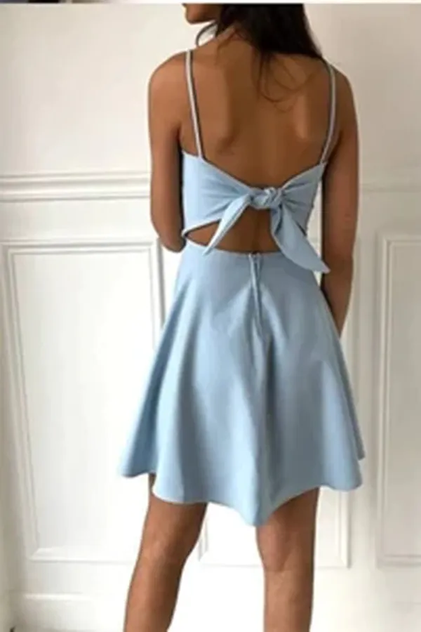 Anneprom Cheap Spaghetti Strap Simple Light Blue A-Line Short Homecoming Dress APH0153