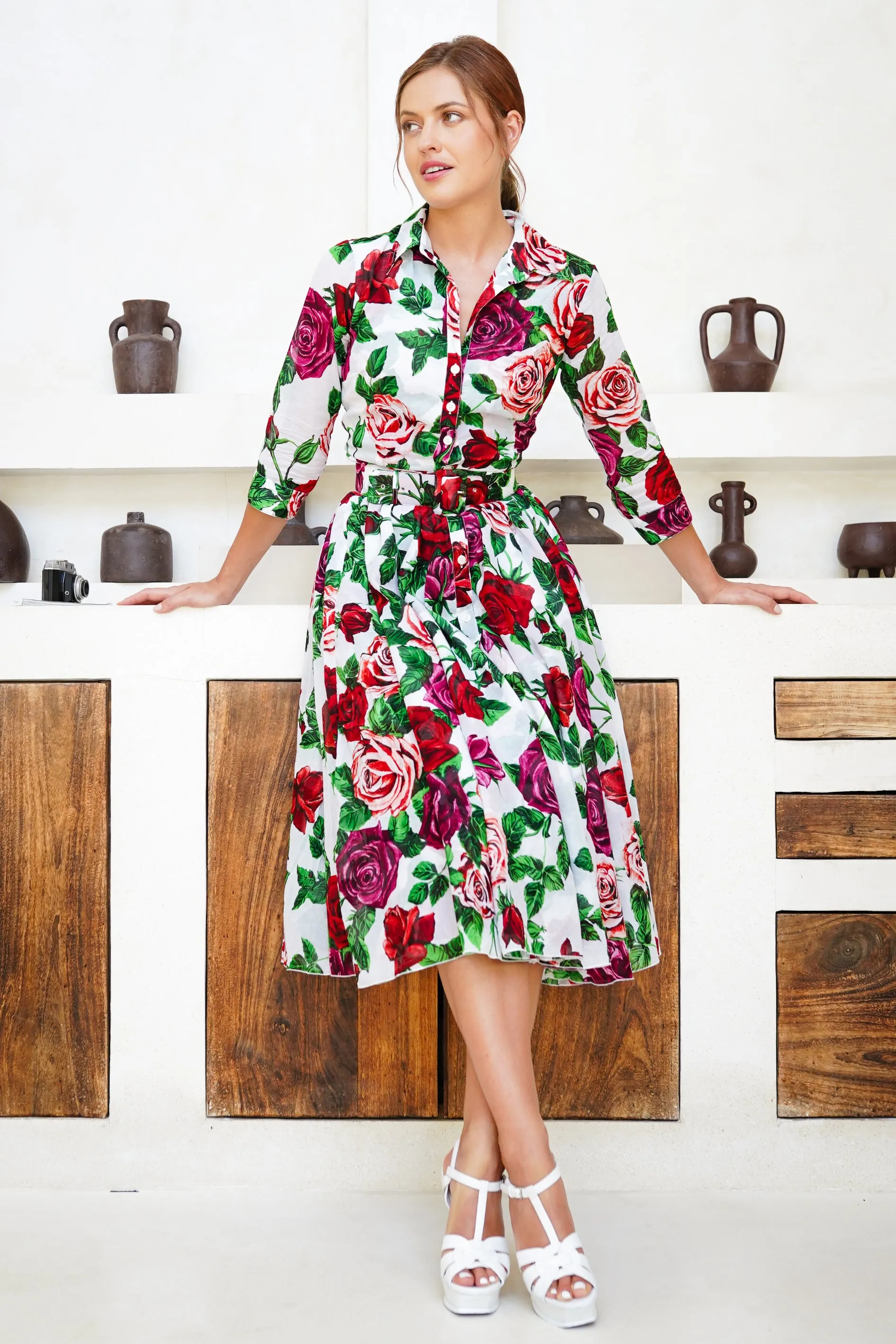Aster Dress Shirt Collar 3/4 Sleeve Midi Length Cotton Musola (Charlotte Rose Big)