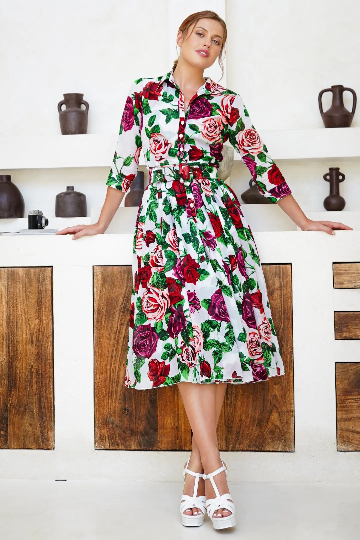 Aster Dress Shirt Collar 3/4 Sleeve Midi Length Cotton Musola (Charlotte Rose Big)