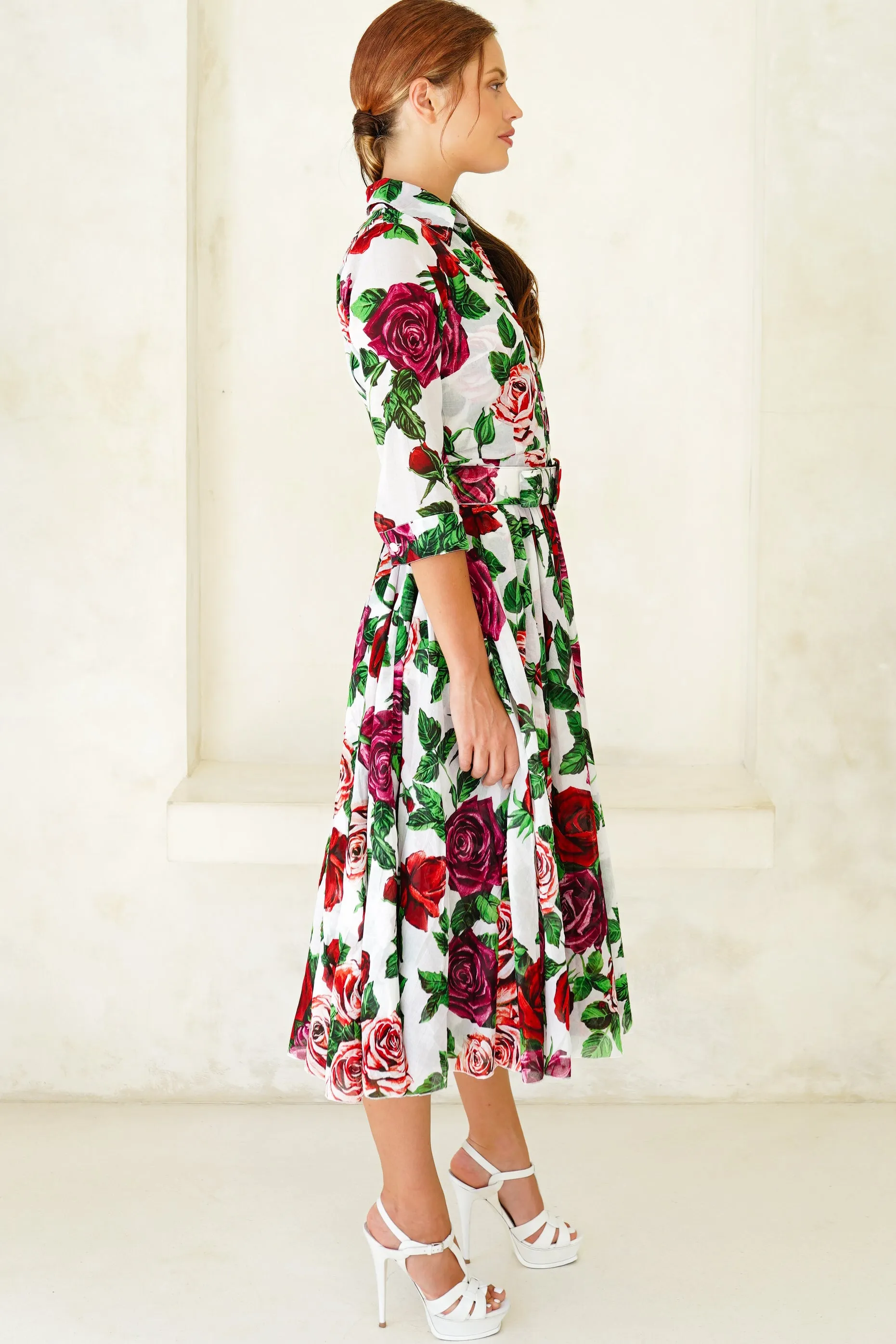Aster Dress Shirt Collar 3/4 Sleeve Midi Length Cotton Musola (Charlotte Rose Big)