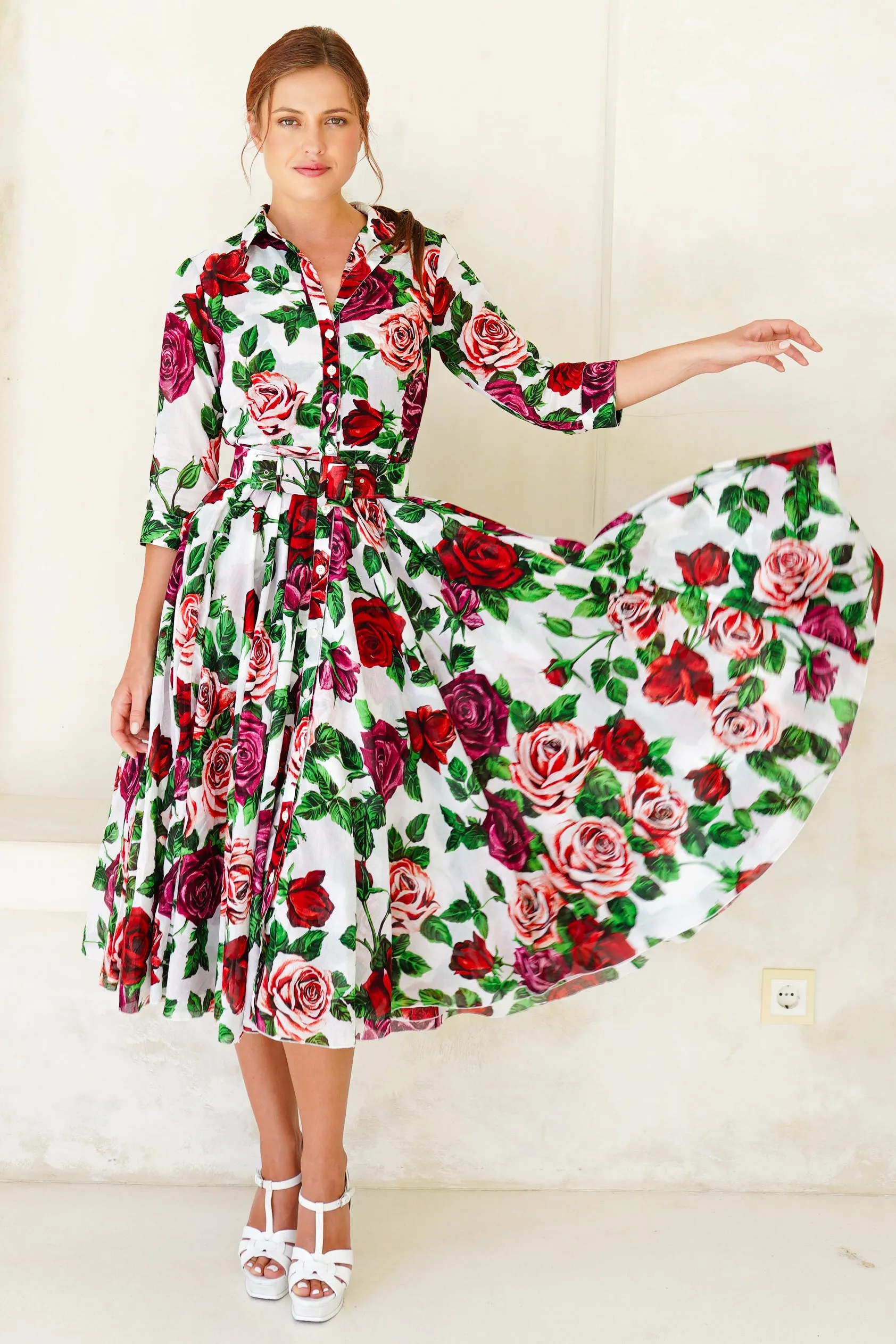 Aster Dress Shirt Collar 3/4 Sleeve Midi Length Cotton Musola (Charlotte Rose Big)