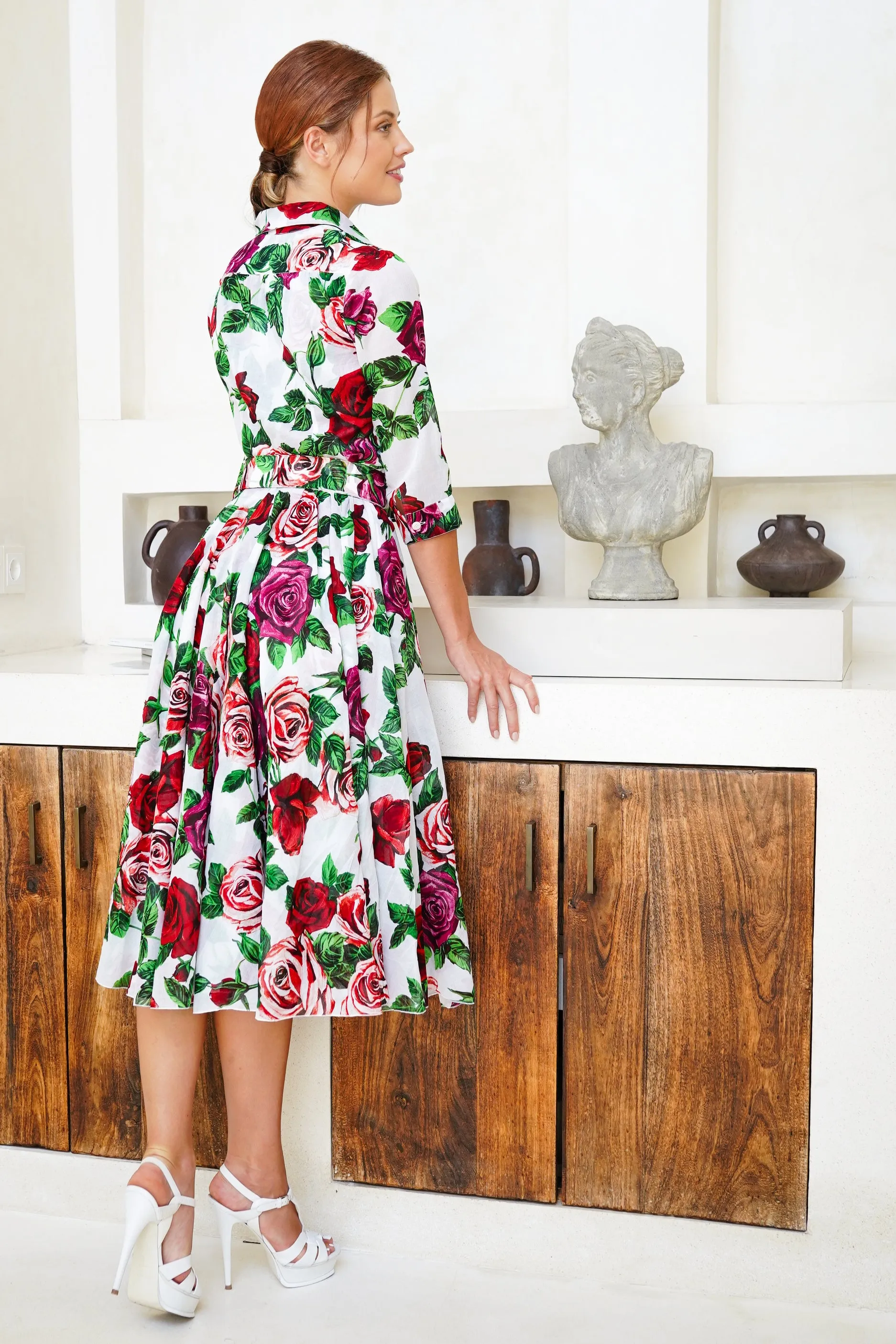 Aster Dress Shirt Collar 3/4 Sleeve Midi Length Cotton Musola (Charlotte Rose Big)