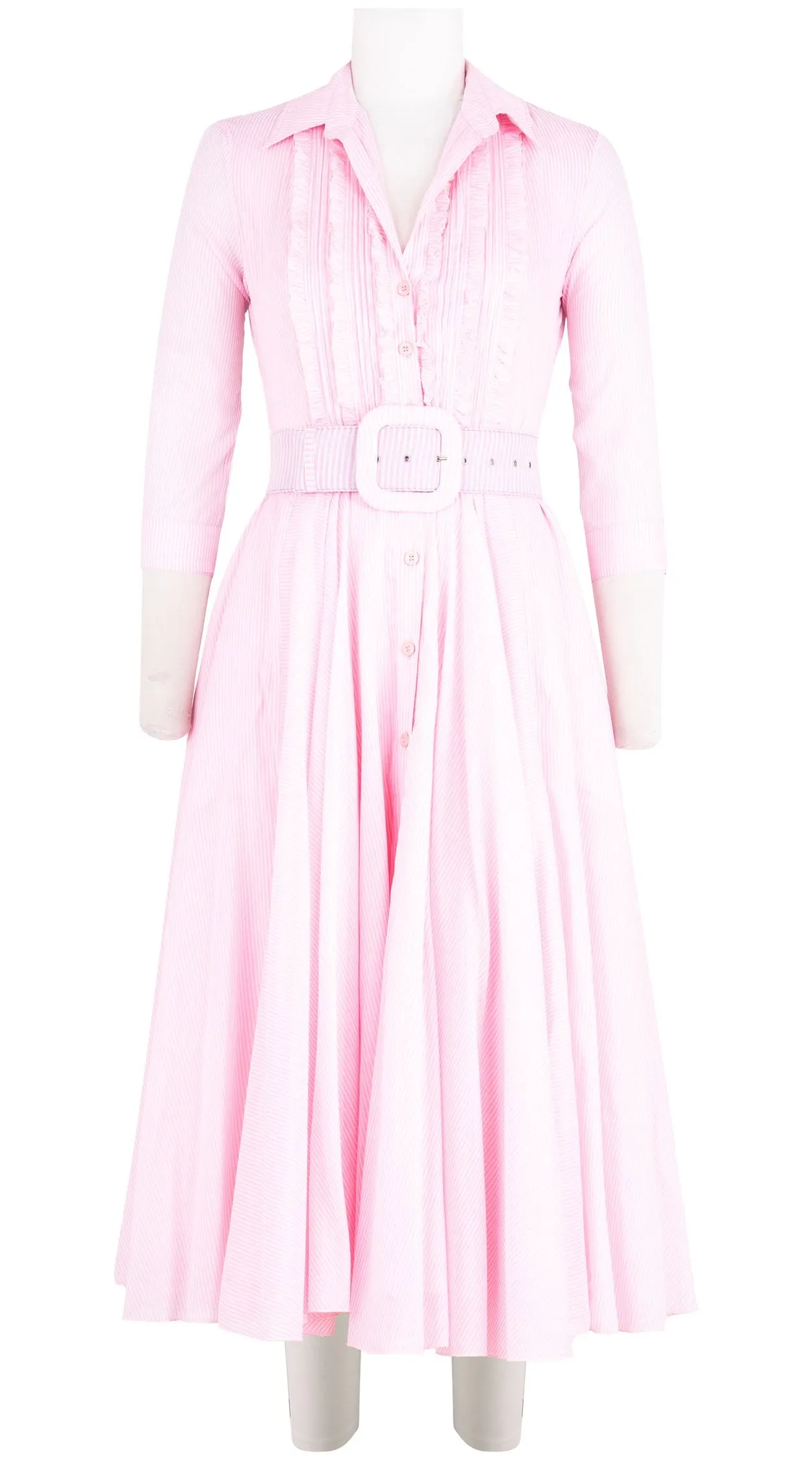 Aster Dress Shirt Collar Ruffle #2 3/4 Sleeve Midi Length Cotton Musola (Hairline Stripe)