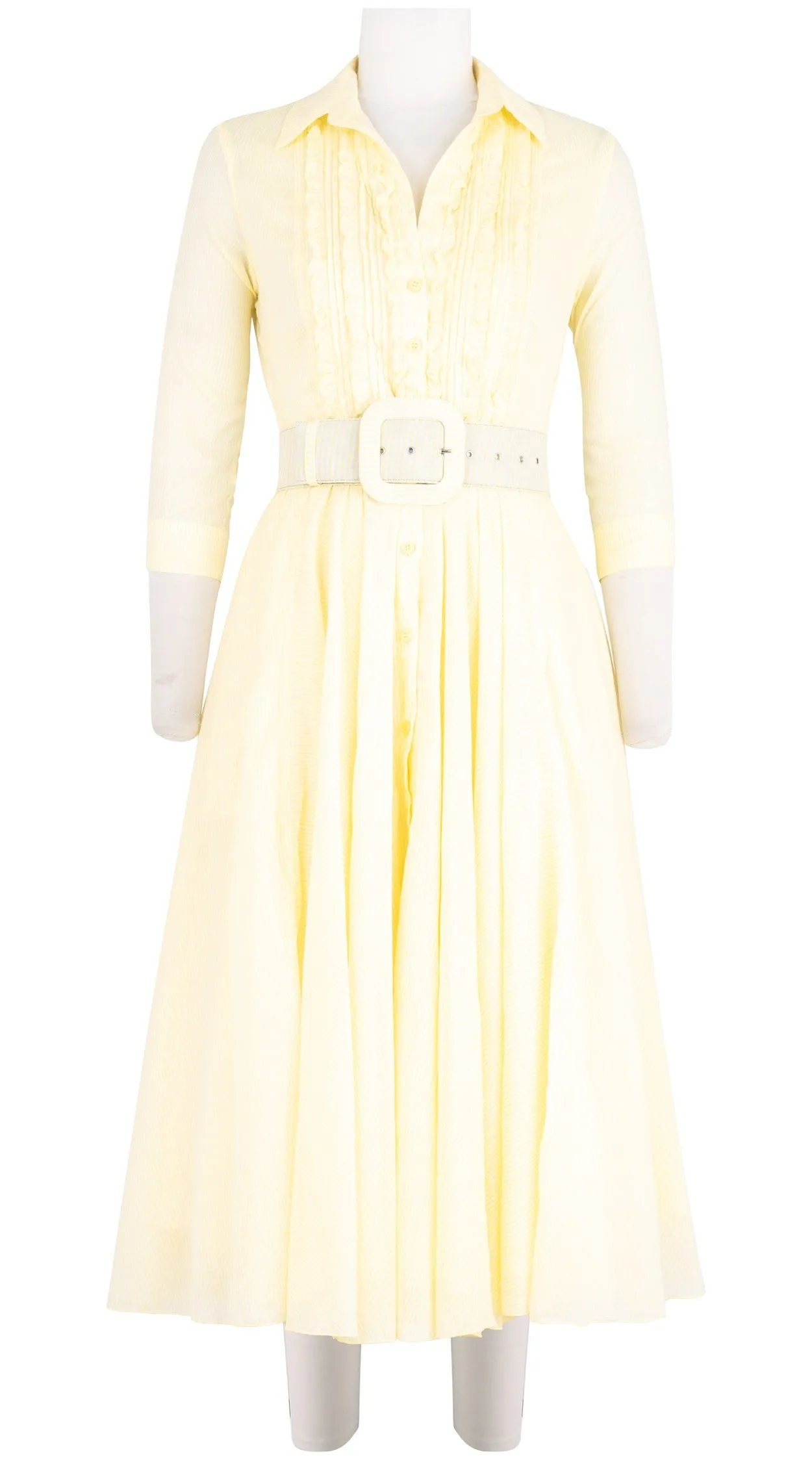 Aster Dress Shirt Collar Ruffle #2 3/4 Sleeve Midi Length Cotton Musola (Hairline Stripe)