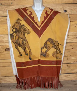 AUTHENTIC SUEDE LEATHER stamped Western sheep wool cowboy Mexican poncho rebozo wrap