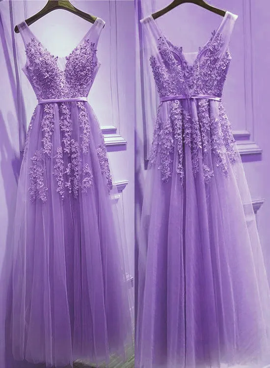 Beautiful Light Purple Tulle V-neckline Party Dress , Tulle Formal Gowns