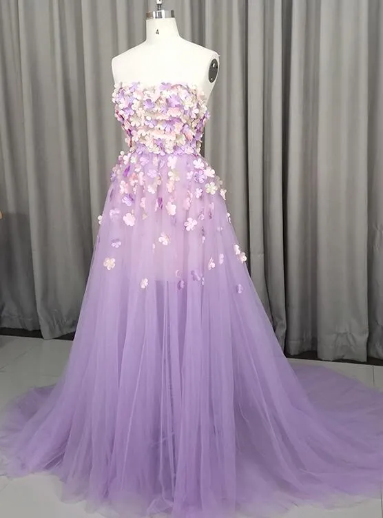 Beautiful Light Purple Tulle with Flowers Party Gown, Tulle Prom Dress