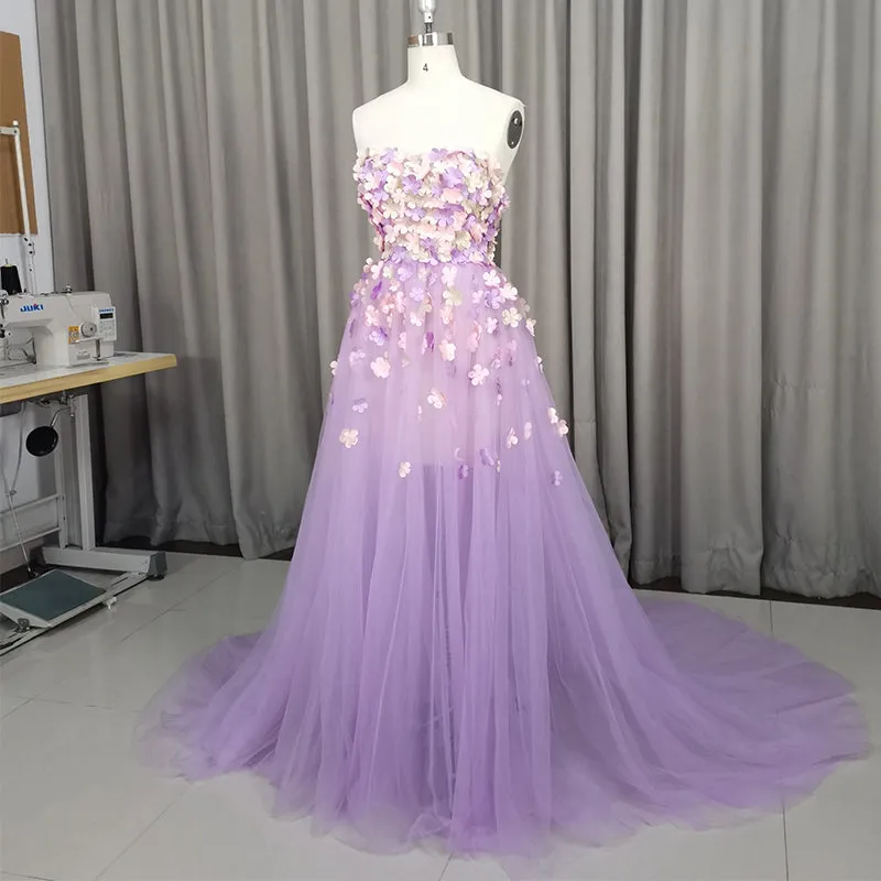 Beautiful Light Purple Tulle with Flowers Party Gown, Tulle Prom Dress