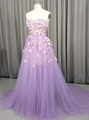 Beautiful Light Purple Tulle with Flowers Party Gown, Tulle Prom Dress