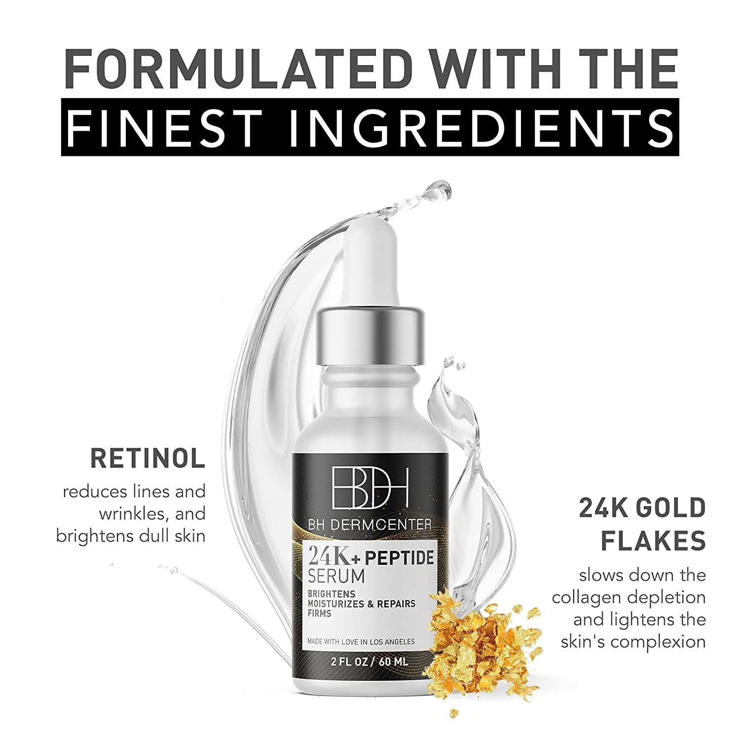 BH Dermcenter - Hydrating Peptide Serum with 24K Genuine Gold Leaf, Peptide Facial Serum, Skin Care Essential for All Skin Types 2oz