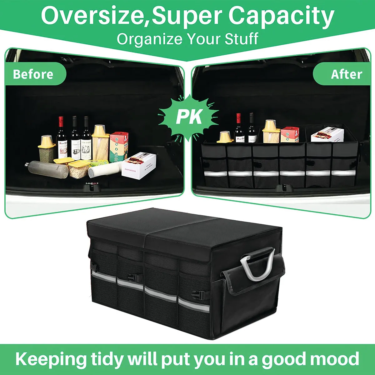 Big Trunk Organizer, Custom-Fit For Car, Cargo Organizer SUV Trunk Storage Waterproof Collapsible Durable Multi Compartments WaLM253