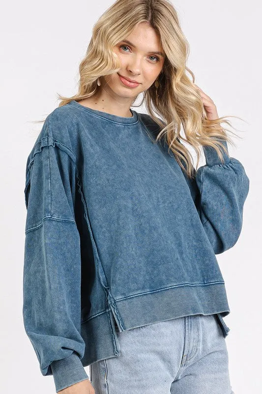 Blue Side Slit Exposed Seam Round Neck Sweatshirt