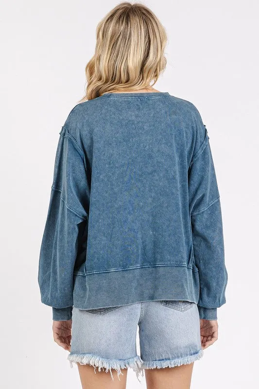 Blue Side Slit Exposed Seam Round Neck Sweatshirt