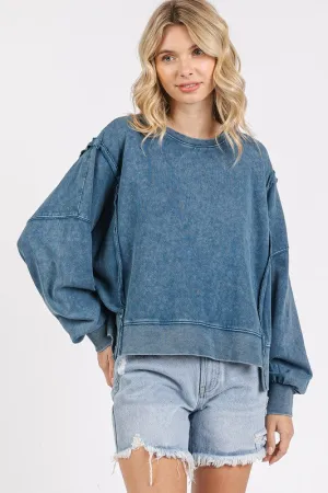 Blue Side Slit Exposed Seam Round Neck Sweatshirt