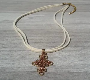 Brass & Copper Cross Pendant Suede Necklace