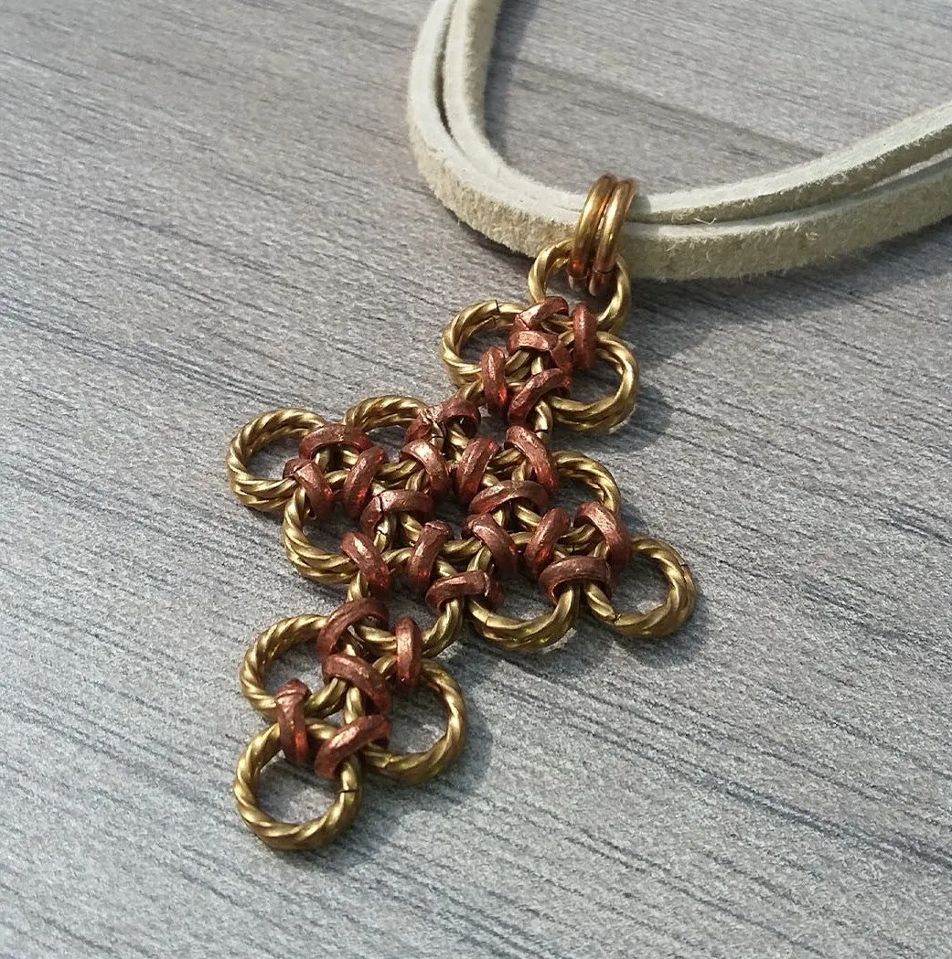 Brass & Copper Cross Pendant Suede Necklace