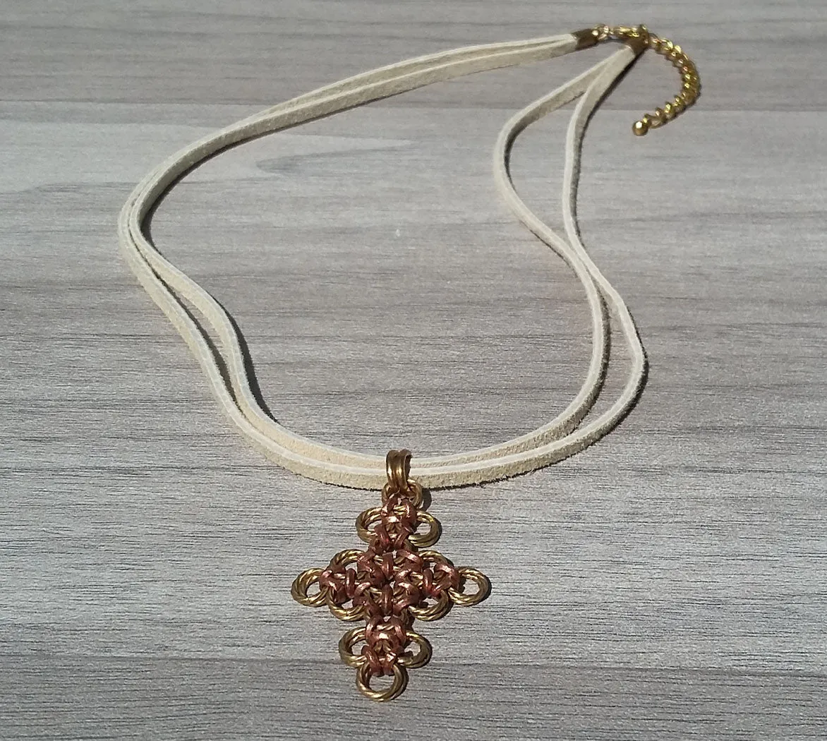 Brass & Copper Cross Pendant Suede Necklace