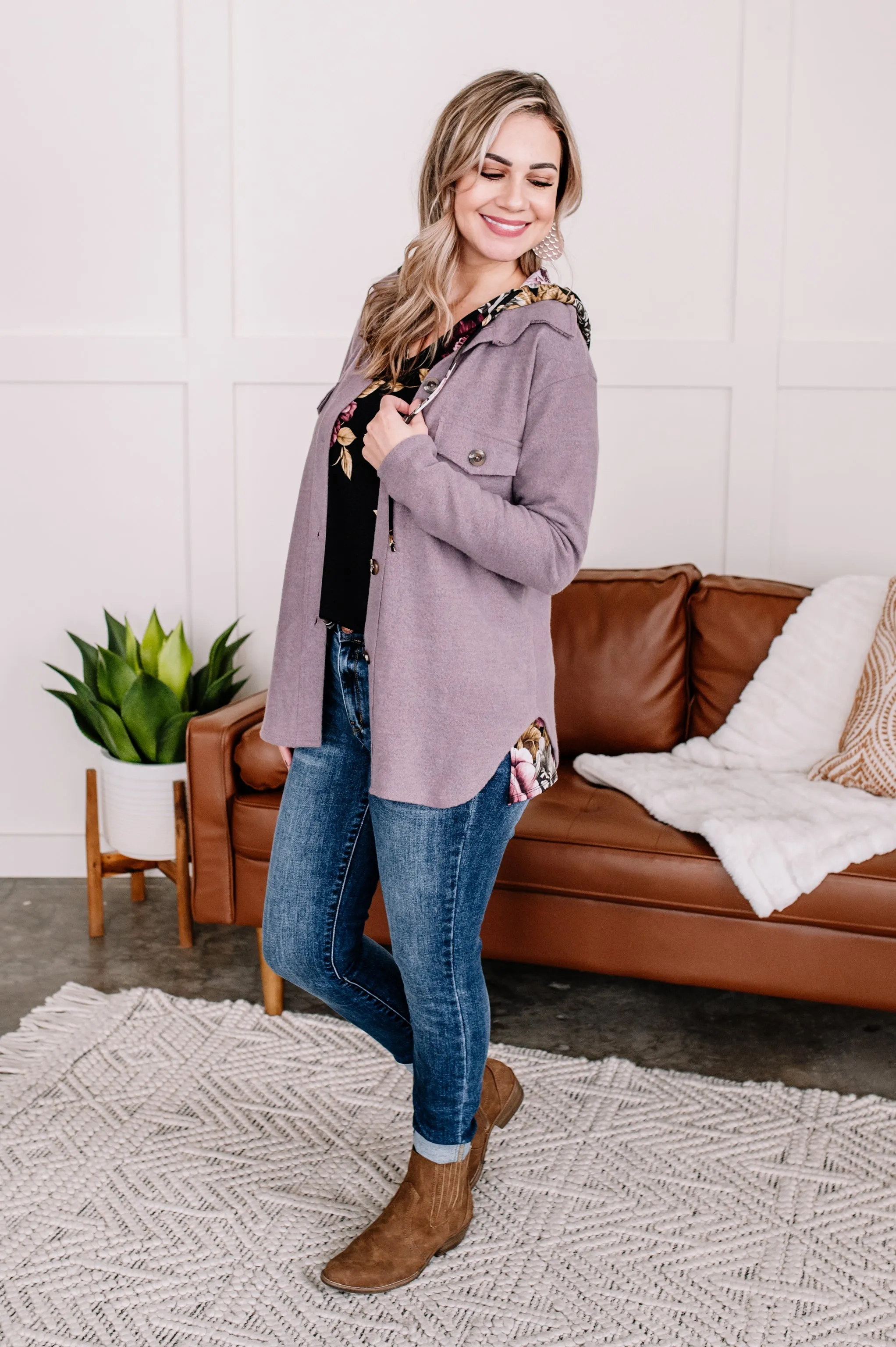 Brush Your Cares Away Button Up Top In Silver Peony