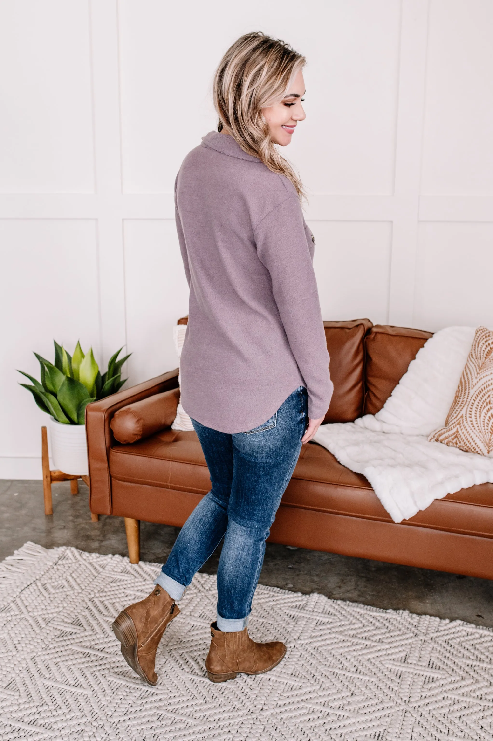 Brush Your Cares Away Button Up Top In Silver Peony