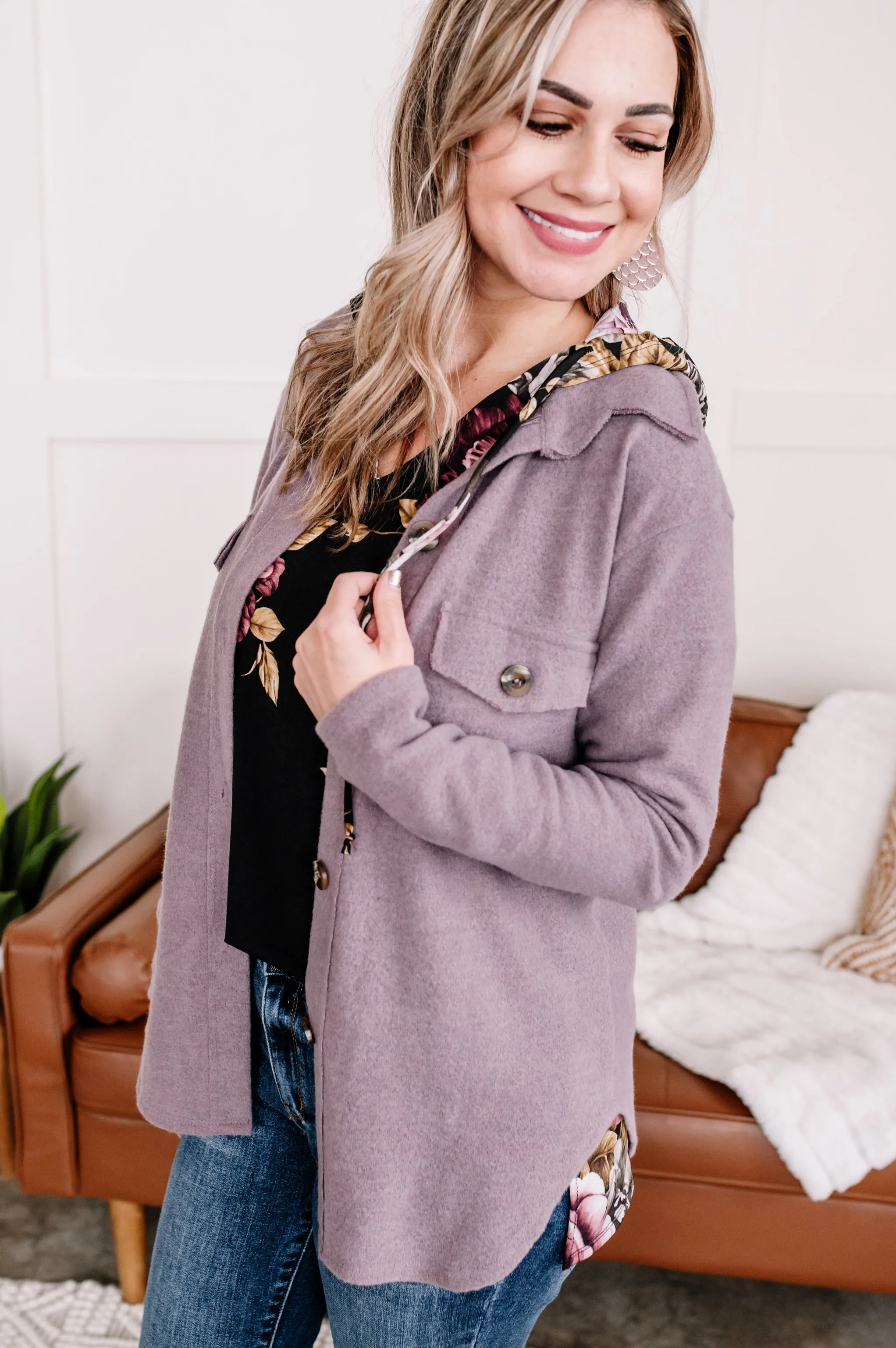 Brush Your Cares Away Button Up Top In Silver Peony