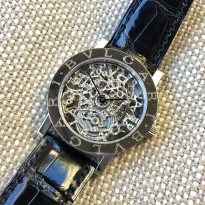 Bvlgari 18K White Gold BB.W.33.GL.SK.P Skeleton Leather Wristwatch