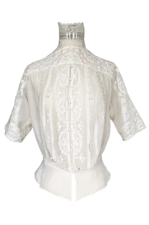 c1900s Antique Fine White Hand Made Linen, Lace & Embroidered Top