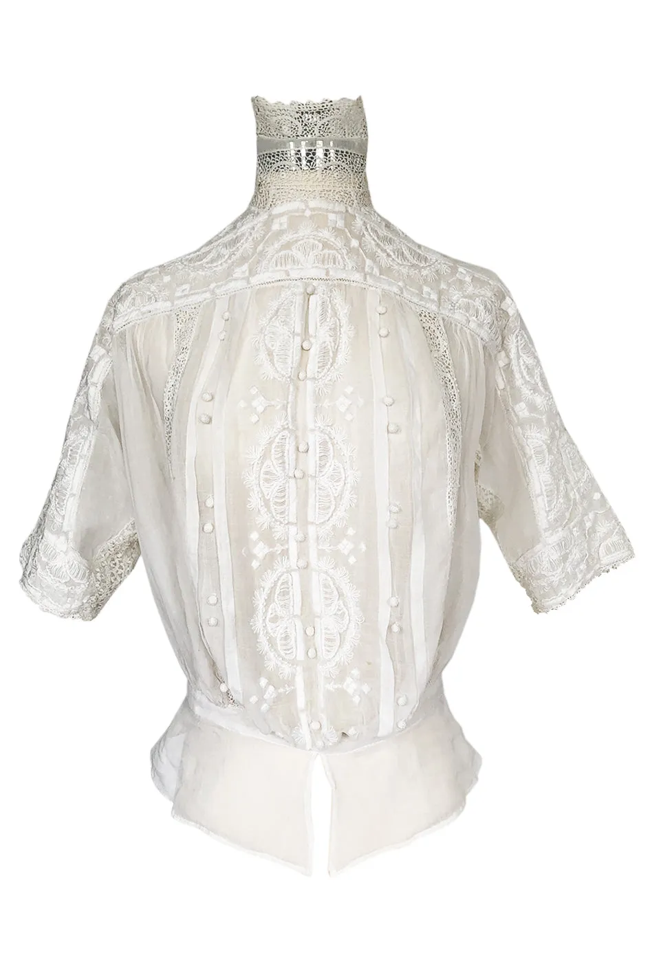 c1900s Antique Fine White Hand Made Linen, Lace & Embroidered Top