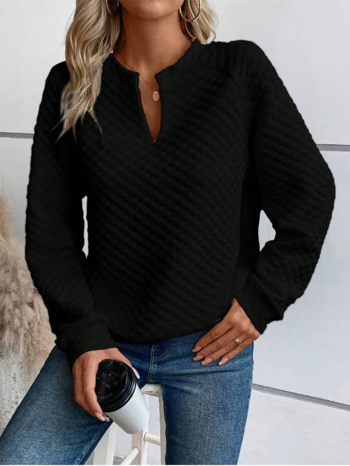 Cheryl Notched Long Sleeve Sweatshirt