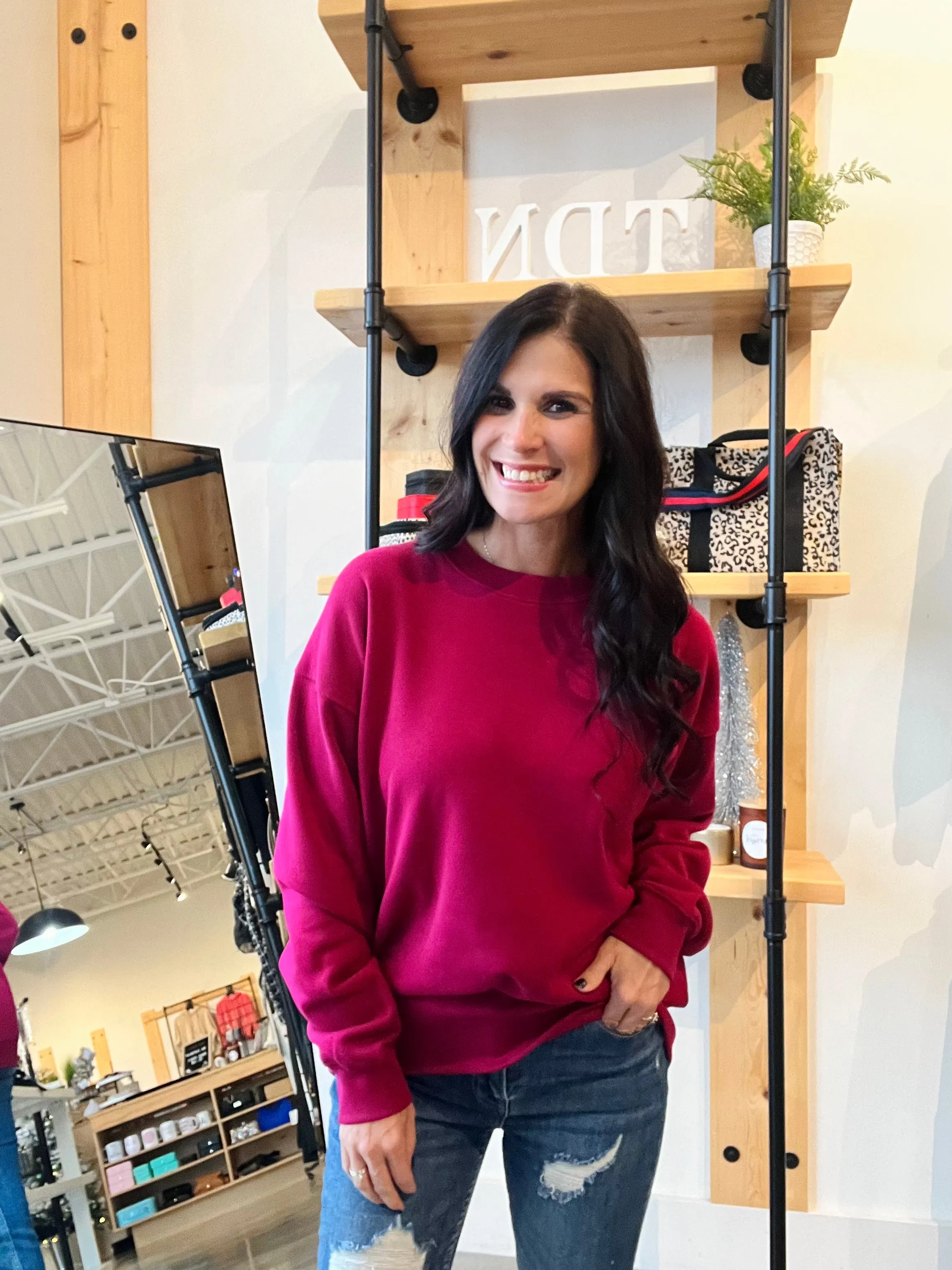 Fleece Round Neck Sweatshirt - Cabernet