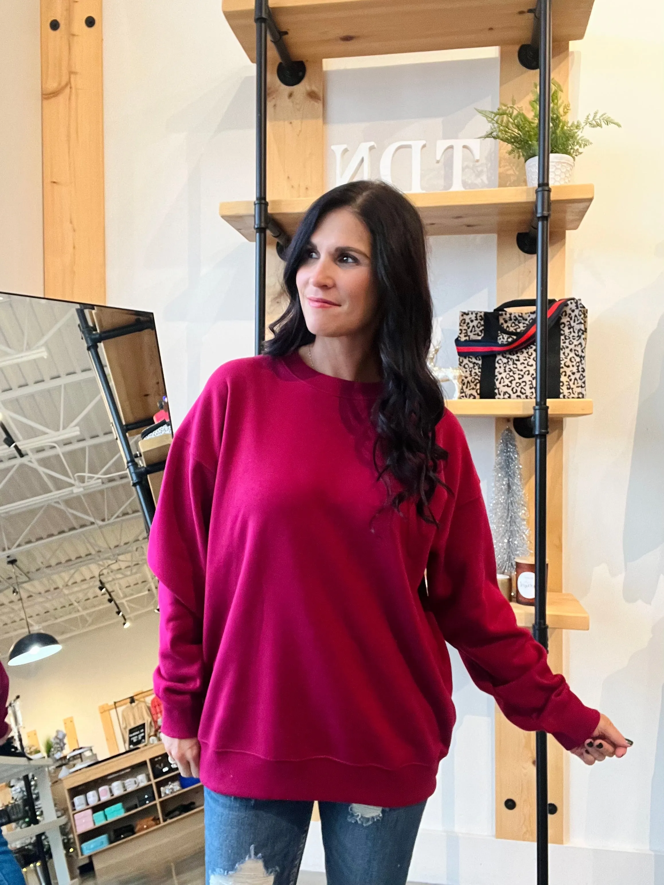 Fleece Round Neck Sweatshirt - Cabernet