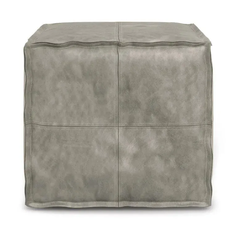 Genuine Leather Square Pouf Ottoman - Gray