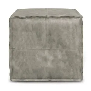 Genuine Leather Square Pouf Ottoman - Gray