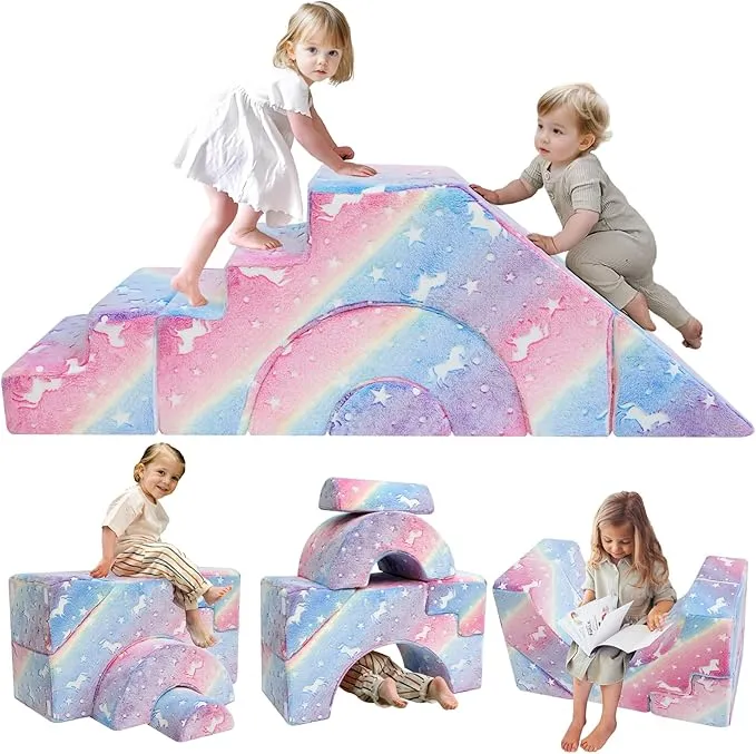 Glow-in-the-Dark Soft Fleece Pikler Large Soft Play Set for Home | Removable & Washable | Unicorn Theme