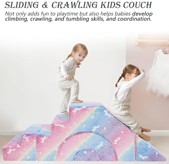 Glow-in-the-Dark Soft Fleece Pikler Large Soft Play Set for Home | Removable & Washable | Unicorn Theme