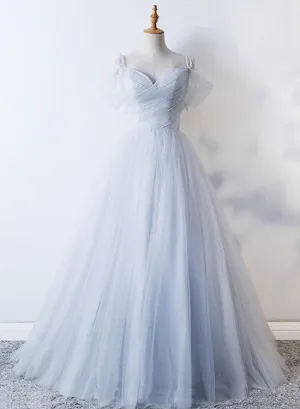 Gorgeous Light Grey Tulle Straps Beaded Party Dress, Grey Cute Long Formal Dress