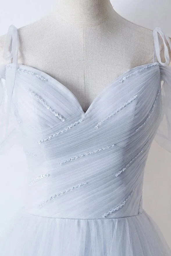 Gorgeous Light Grey Tulle Straps Beaded Party Dress, Grey Cute Long Formal Dress