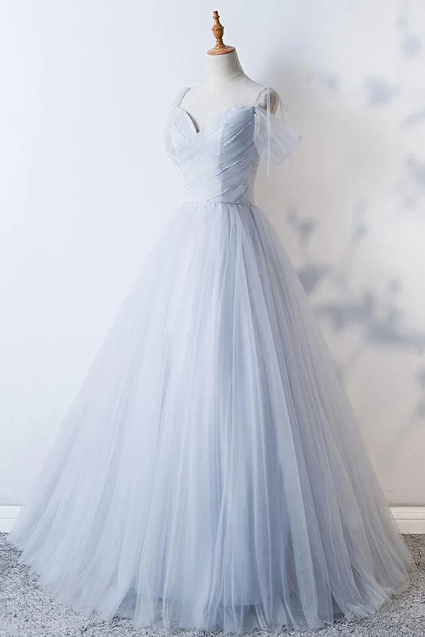 Gorgeous Light Grey Tulle Straps Beaded Party Dress, Grey Cute Long Formal Dress