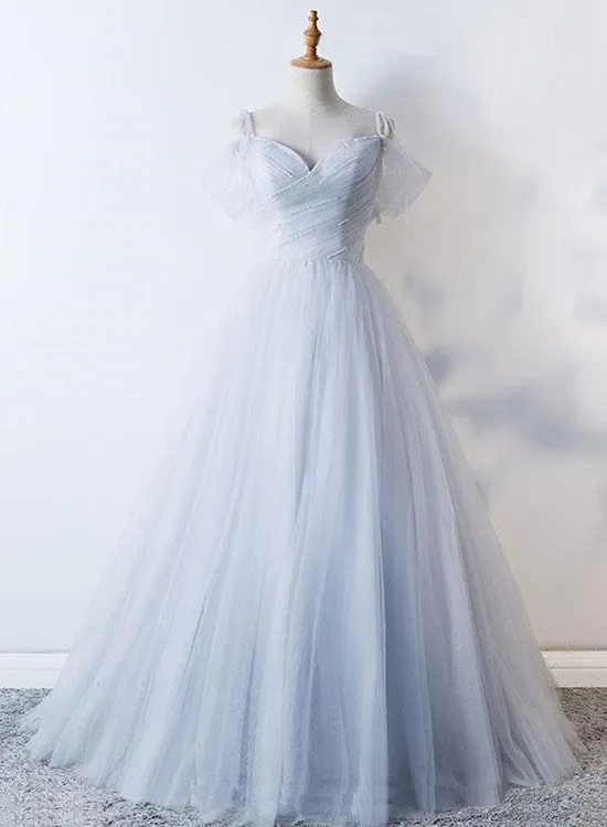 Gorgeous Light Grey Tulle Straps Beaded Party Dress, Grey Cute Long Formal Dress
