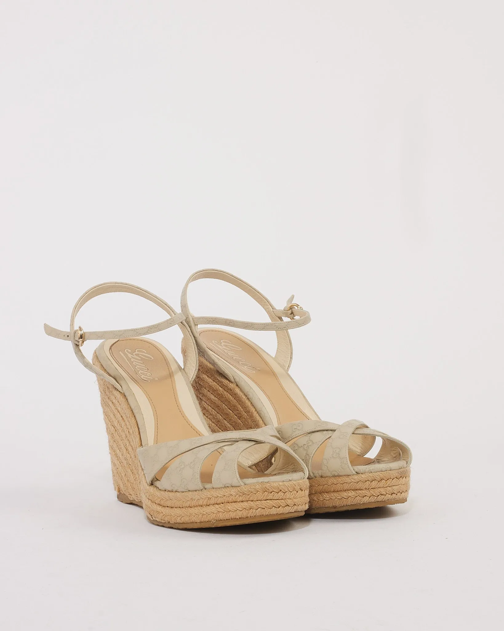 Gucci Light Grey Leather Guccissima GG Strap Wedge Sandal - 39