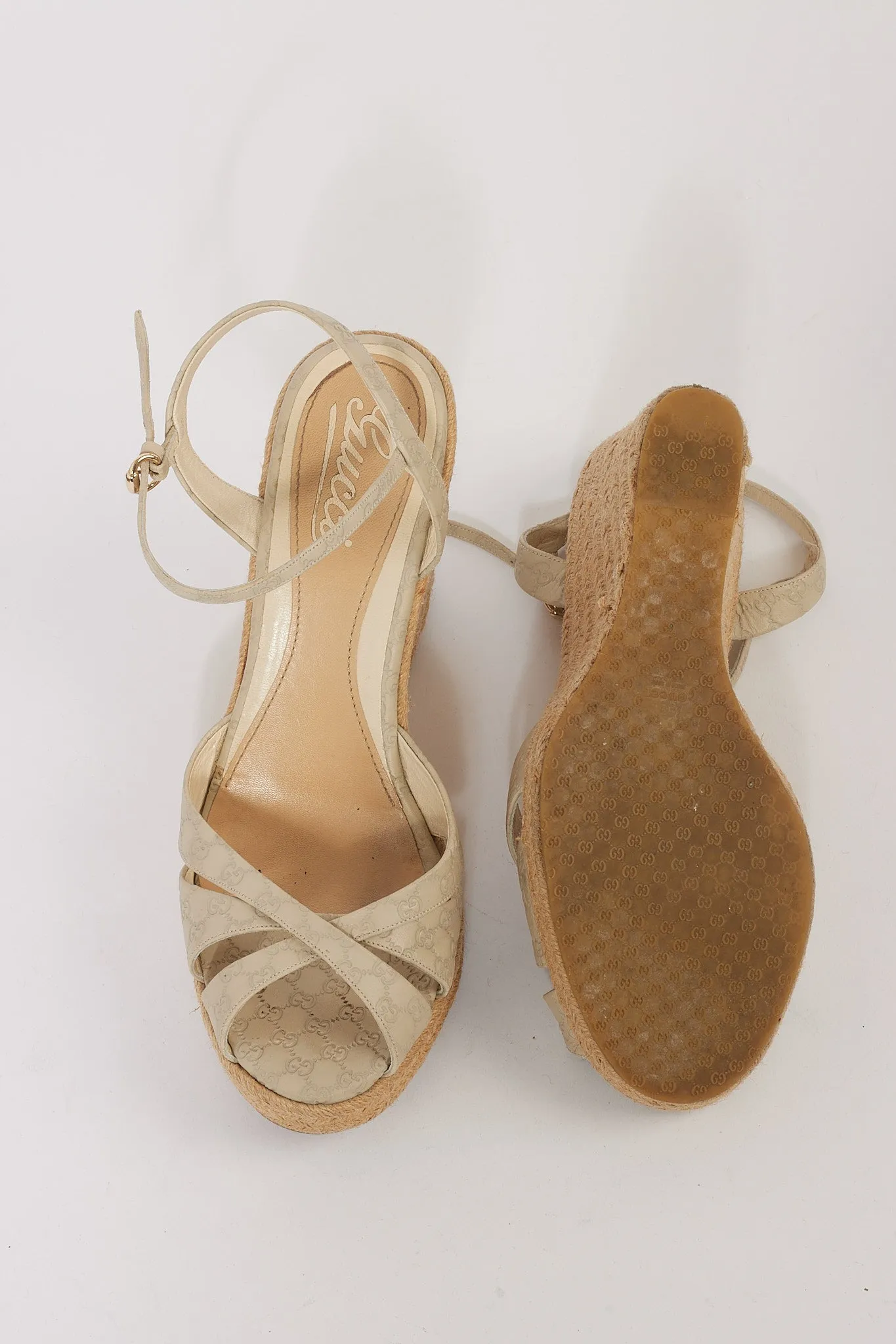 Gucci Light Grey Leather Guccissima GG Strap Wedge Sandal - 39