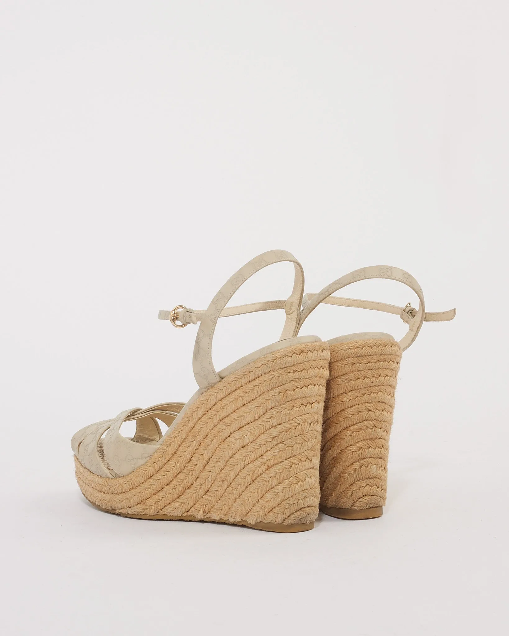Gucci Light Grey Leather Guccissima GG Strap Wedge Sandal - 39
