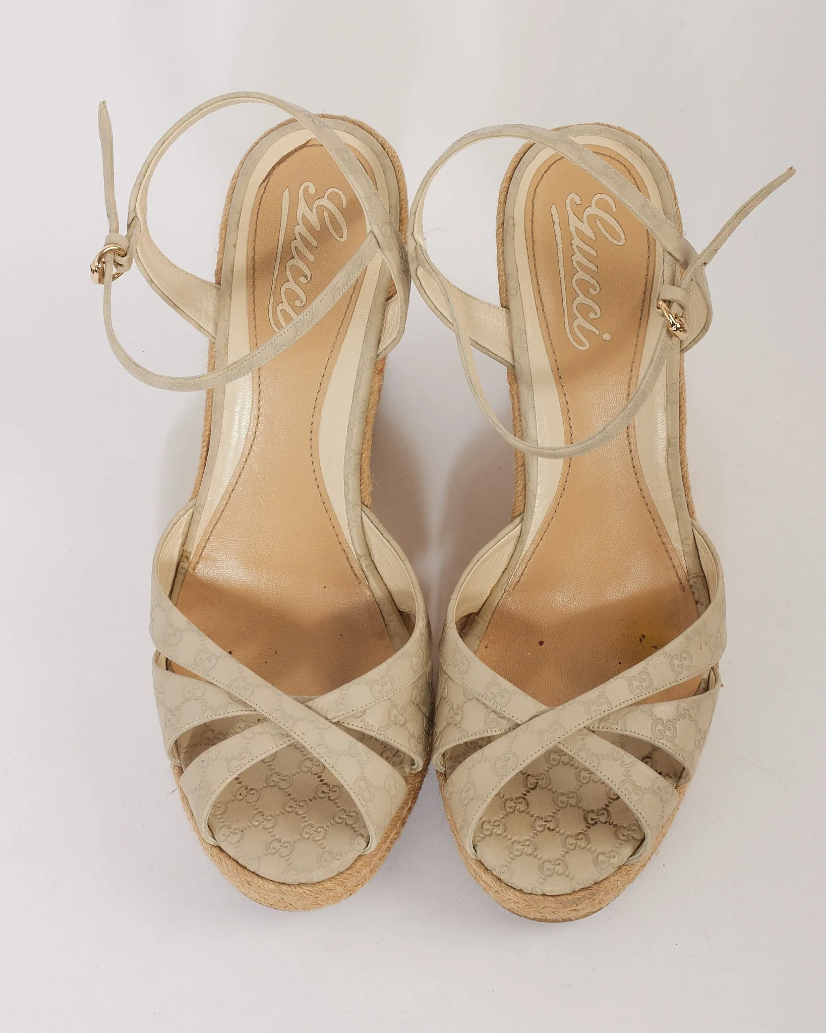 Gucci Light Grey Leather Guccissima GG Strap Wedge Sandal - 39