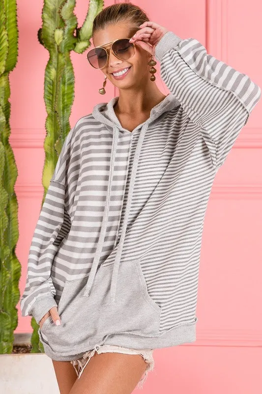 Hazel Blues® |  BiBi Drawstring Striped Long Sleeve Hoodie with Kangaroo Pocket